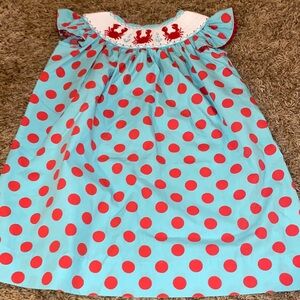 Aqua Dress with Red Polka Dots and Lobster Embroidery